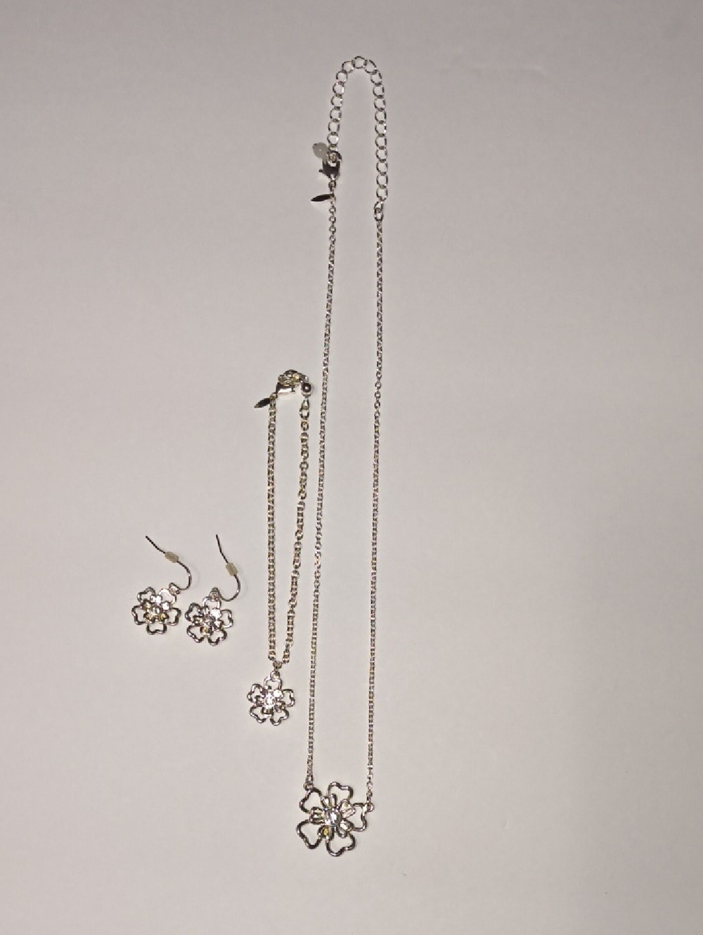 Delicate Silver Floral Necklace with Matching Earrings - Silver